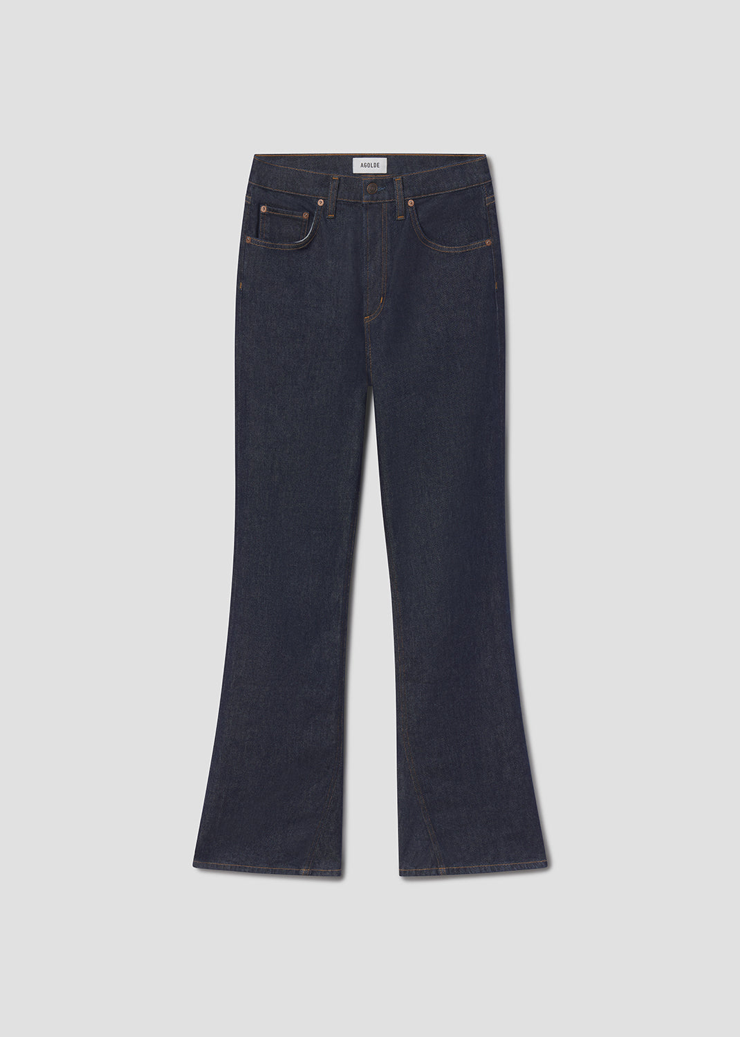 Dark blue jeans on a light gray background