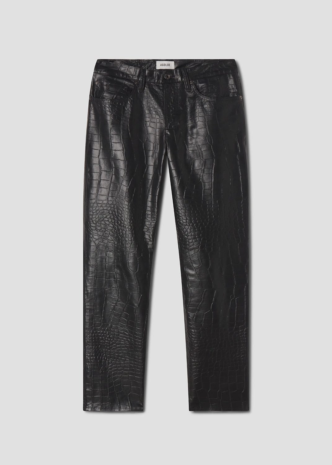 Black leather pants on a light gray background