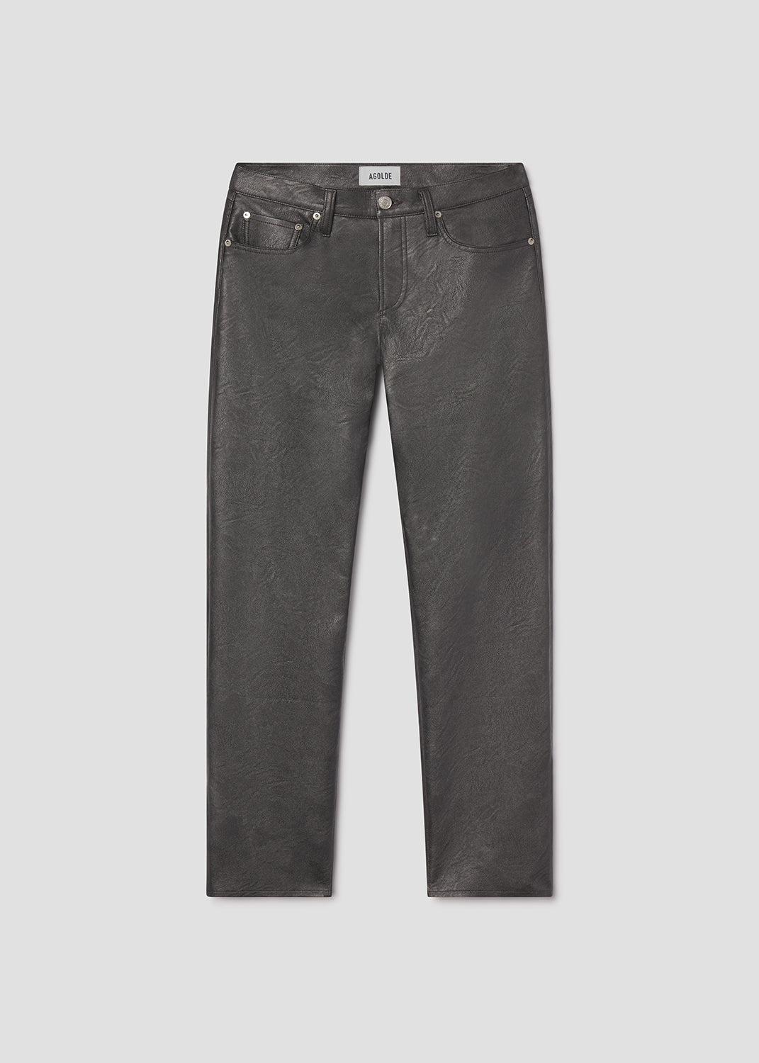 Pair of dark gray jeans on a light gray background