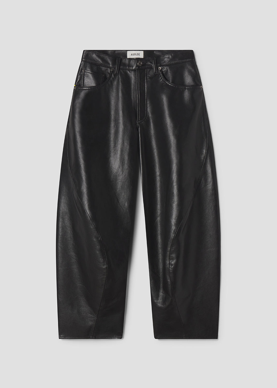Black leather pants on a light gray background