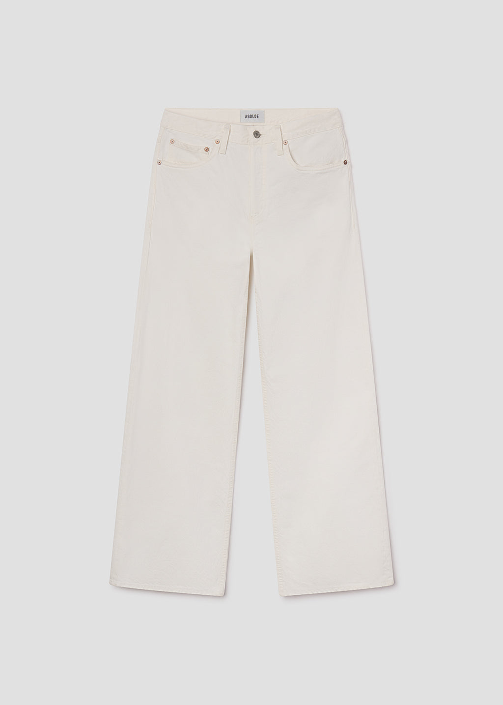 Pair of beige wide-leg jeans on a white background