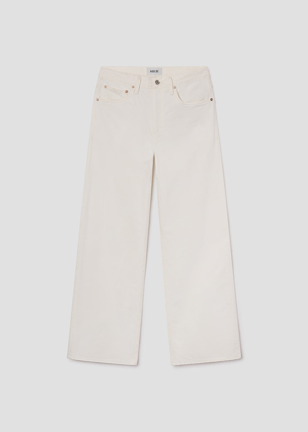 Pair of beige wide-leg jeans on a white background