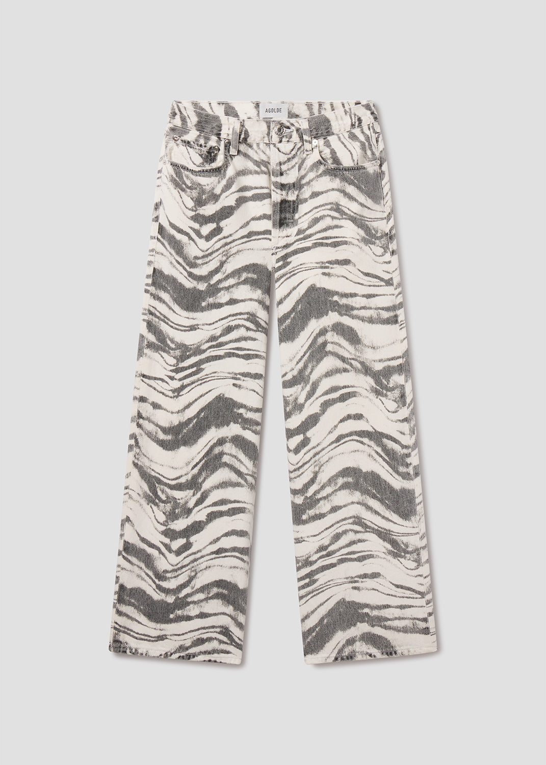 Zebra print pants on a light gray background