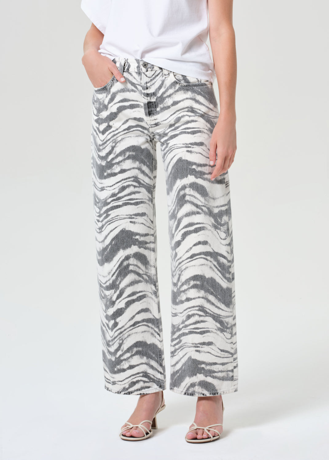 Person wearing zebra print pants on a white background