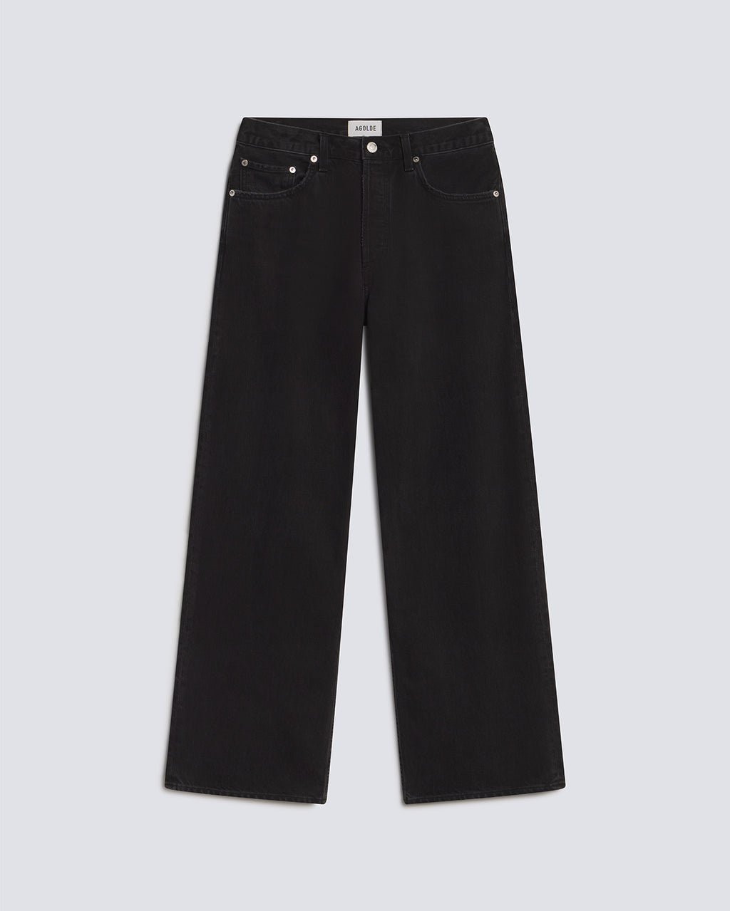 Black wide-leg denim jeans shown flat against a light gray background.