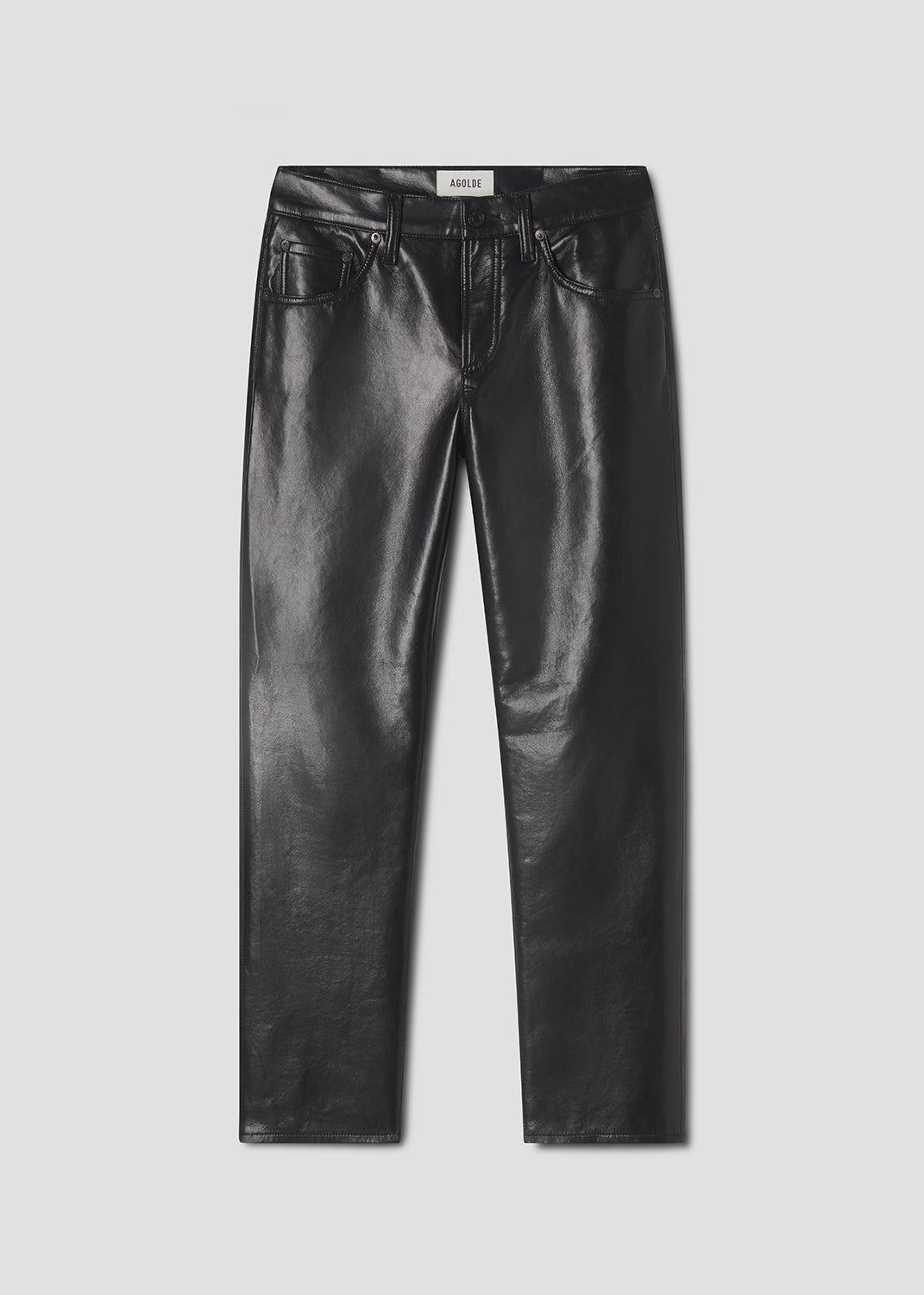 Black leather pants on a light gray background