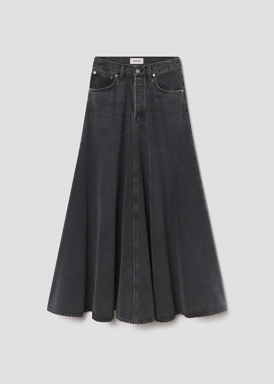 Black denim skirt on a light gray background