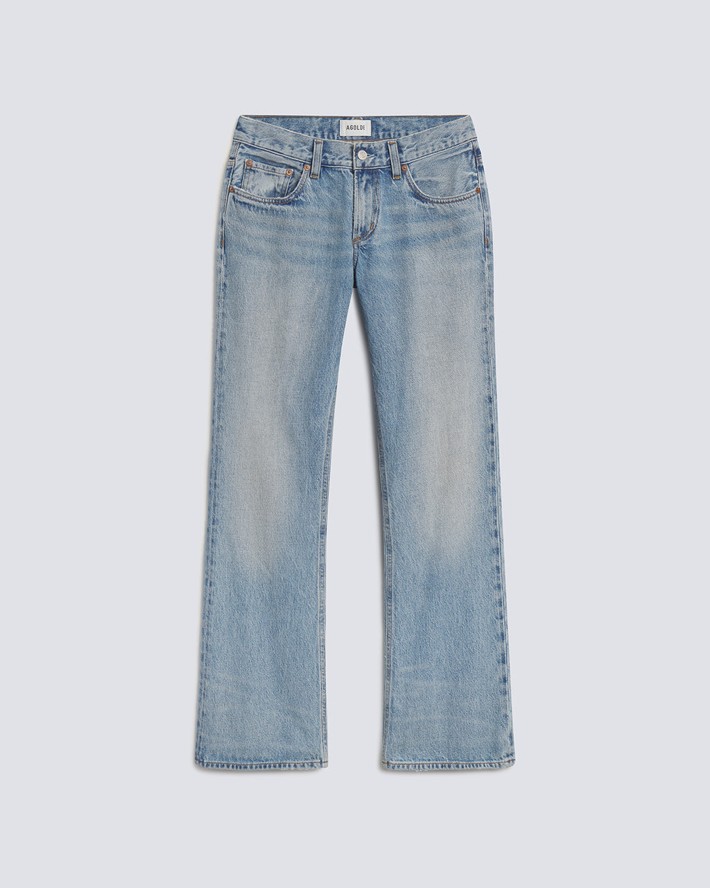 Light blue denim jeans with a straight-leg fit, shown flat against a light gray background.