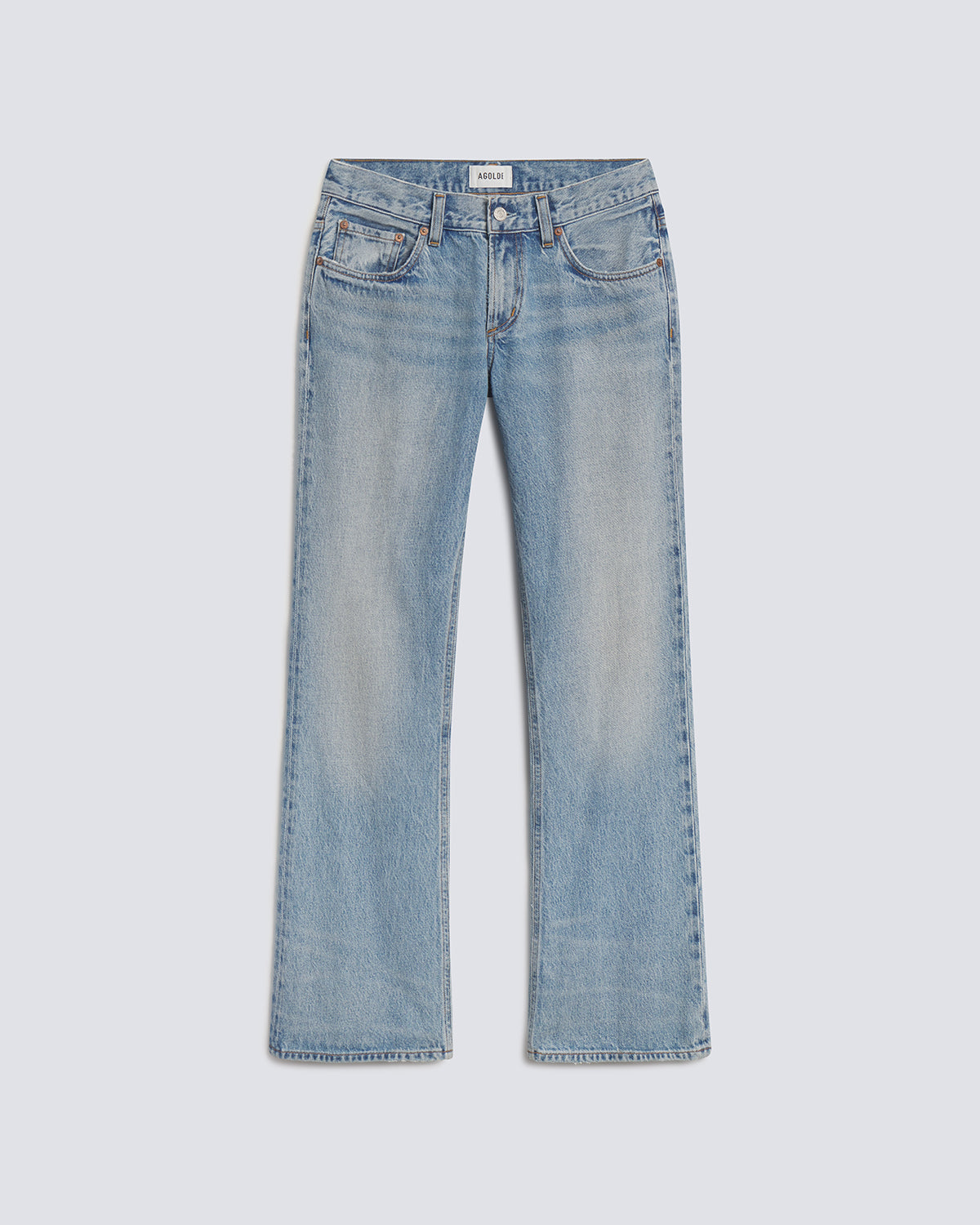 Light blue denim jeans with a straight-leg fit, shown flat against a light gray background.