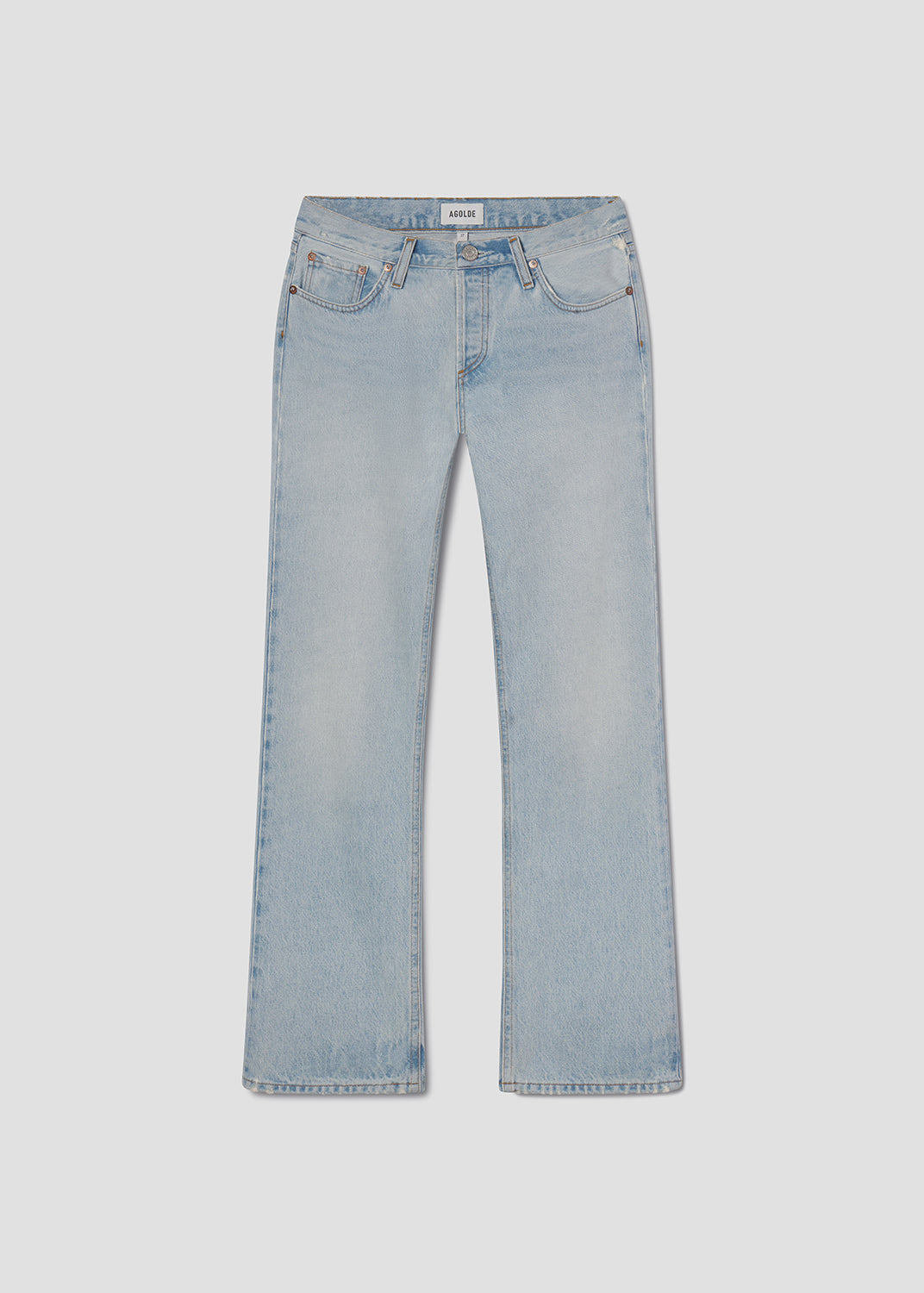 Light blue denim jeans on a white background