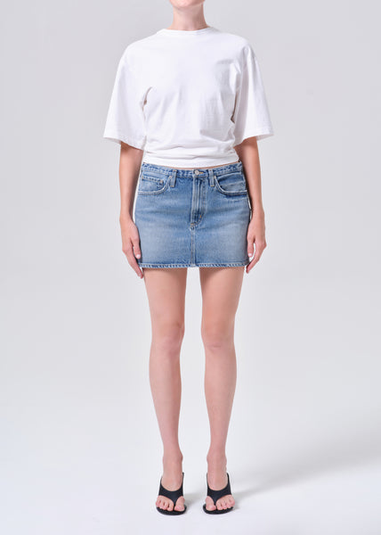 Keira Denim Skinny Waistband Mini Skirt in Broadcast – AGOLDE