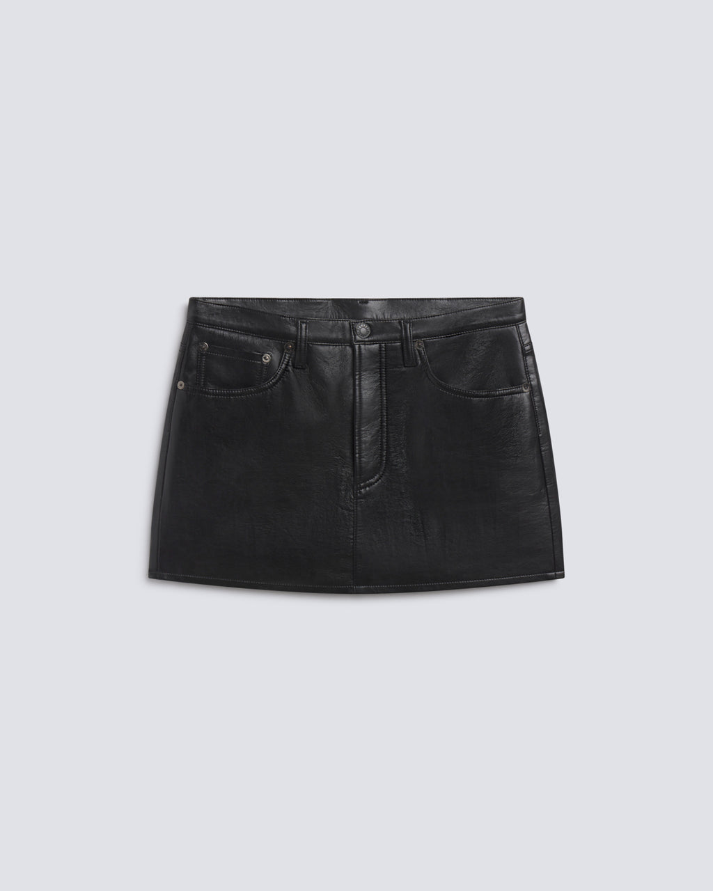 A black faux-leather mini skirt with front pockets and a button closure, shown flat on a light gray background.