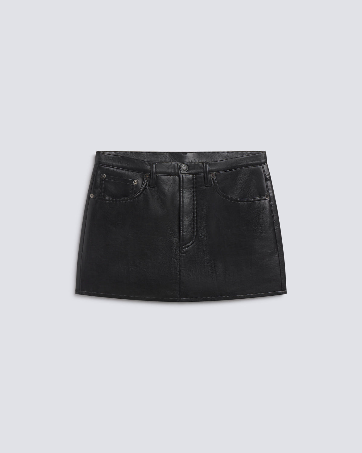 A black faux-leather mini skirt with front pockets and a button closure, shown flat on a light gray background.