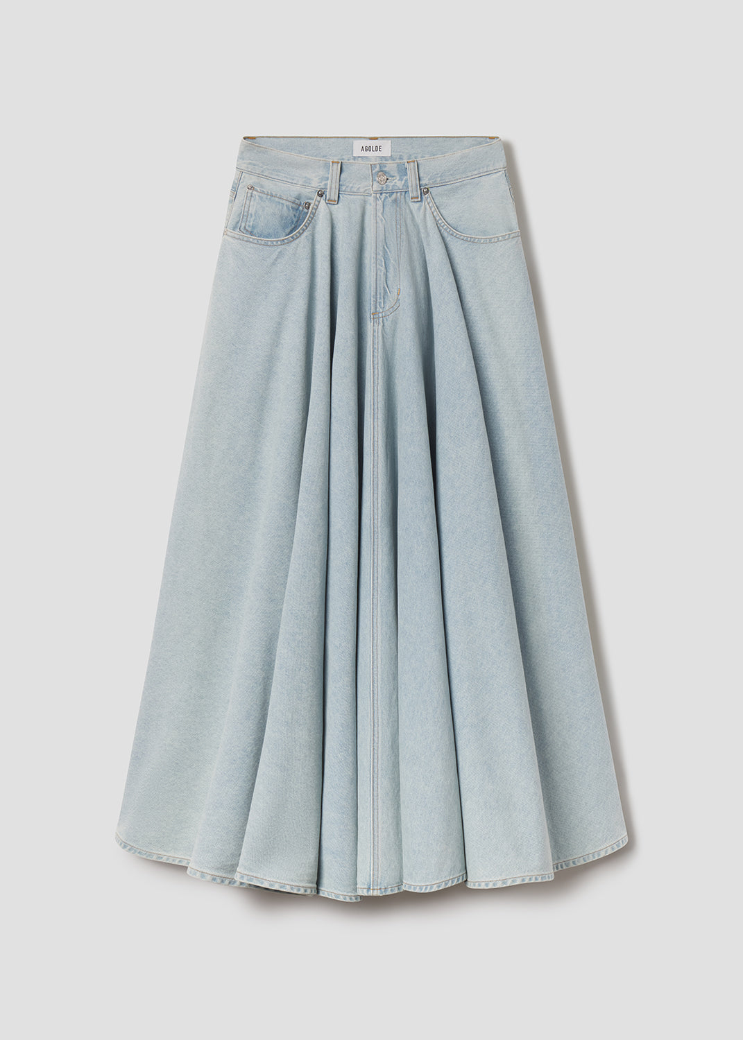 Light blue denim skirt on a light gray background