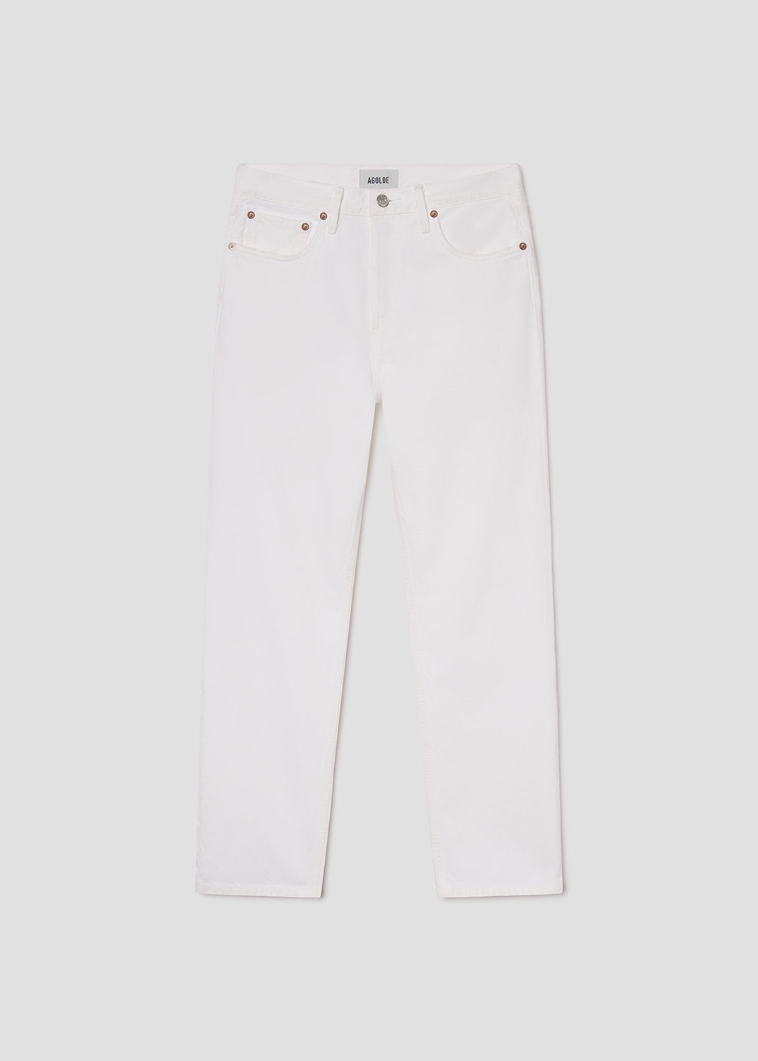 White jeans with red stitching on a light gray background