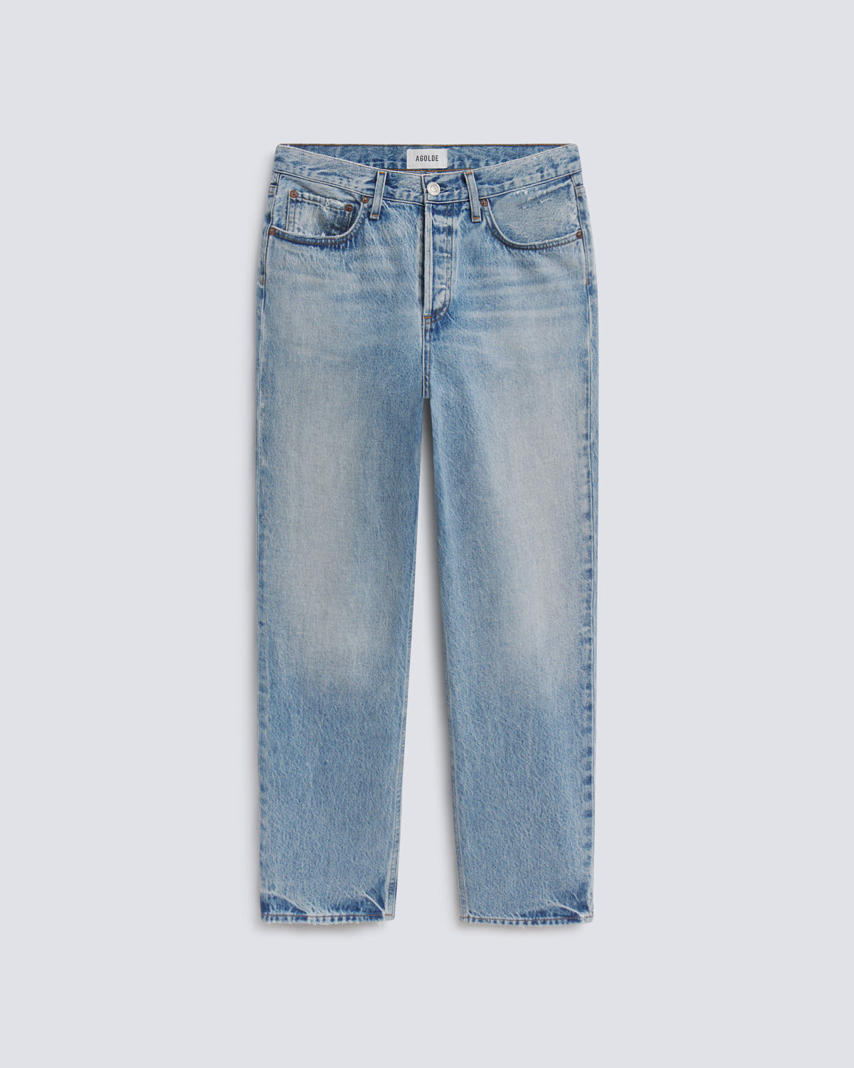 Light blue denim jeans with a faded wash, shown flat against a light gray background.