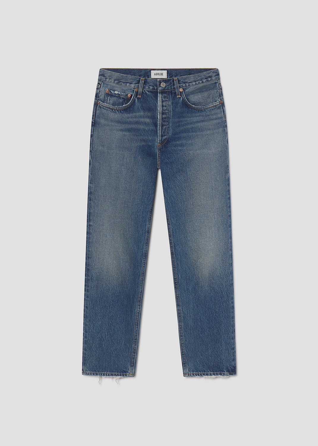 Blue jeans on a light gray background