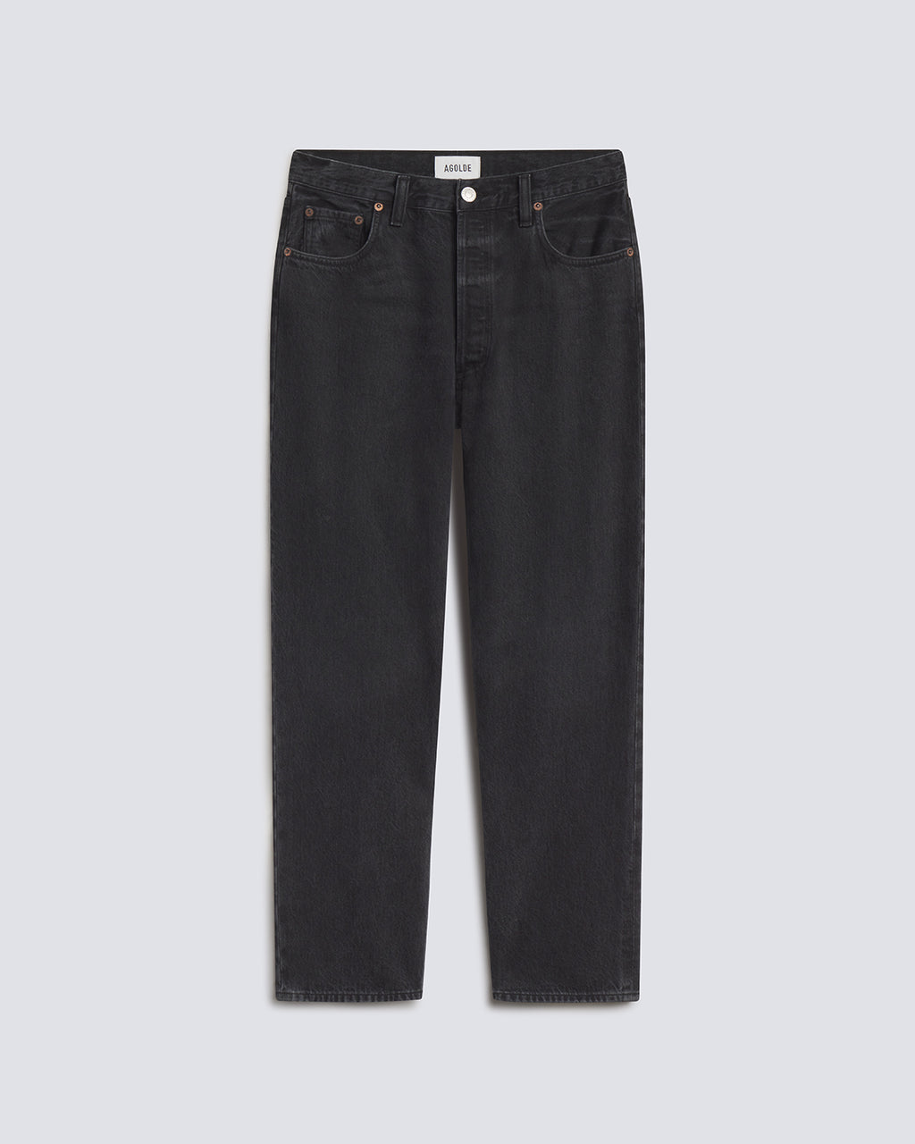 A pair of dark gray slim-fit jeans shown flat against a light gray background.