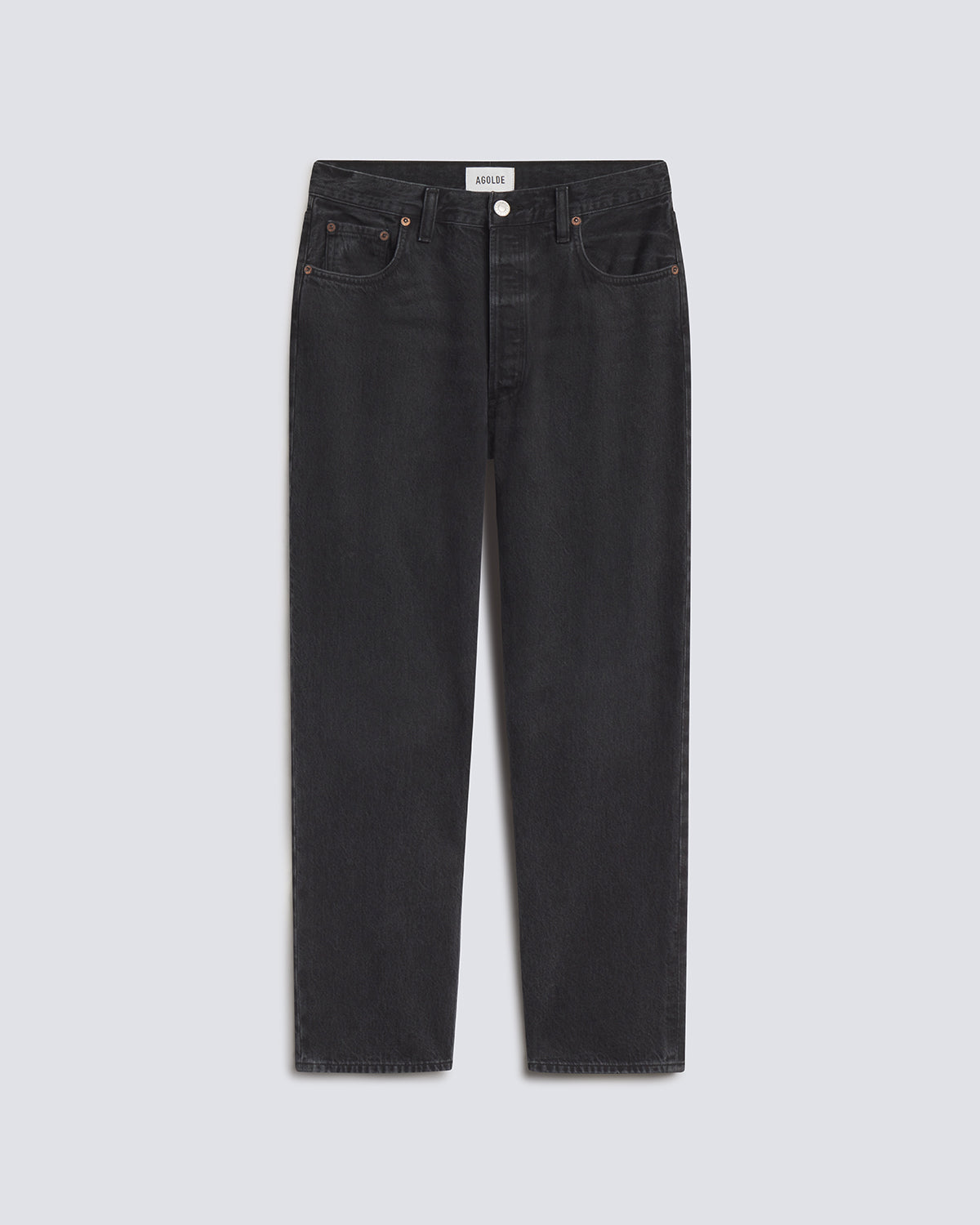 A pair of dark gray slim-fit jeans shown flat against a light gray background.