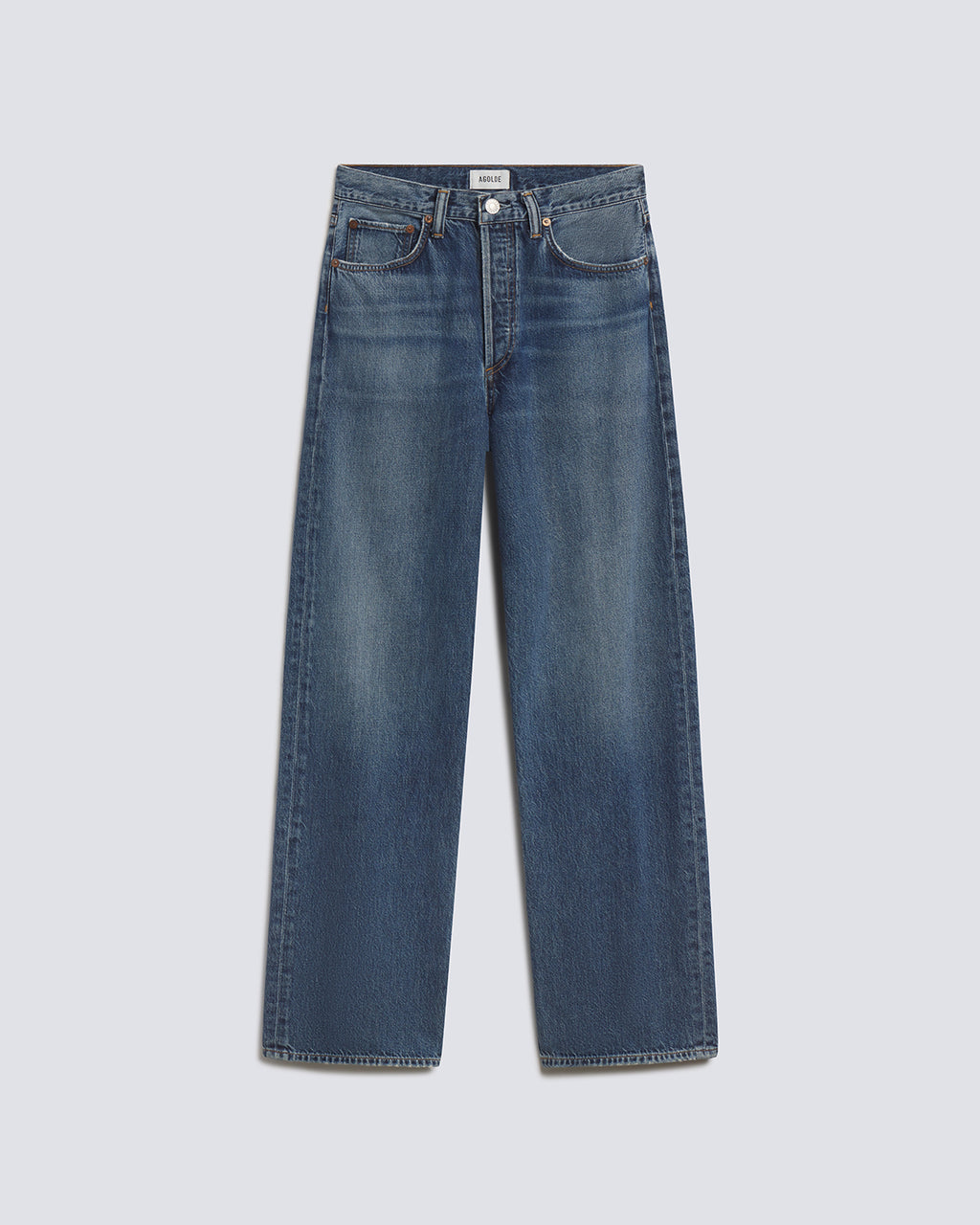 A pair of medium-wash blue denim jeans with a straight-leg fit, shown flat against a light gray background.