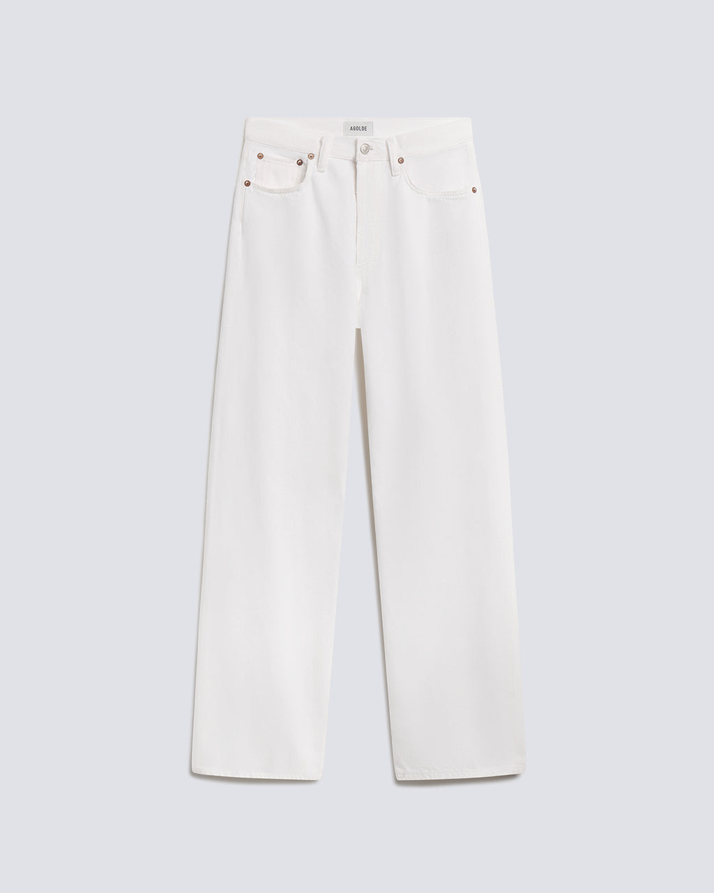 A pair of off-white wide-leg jeans with brown rivets and a silver button, displayed flat against a light gray background.
