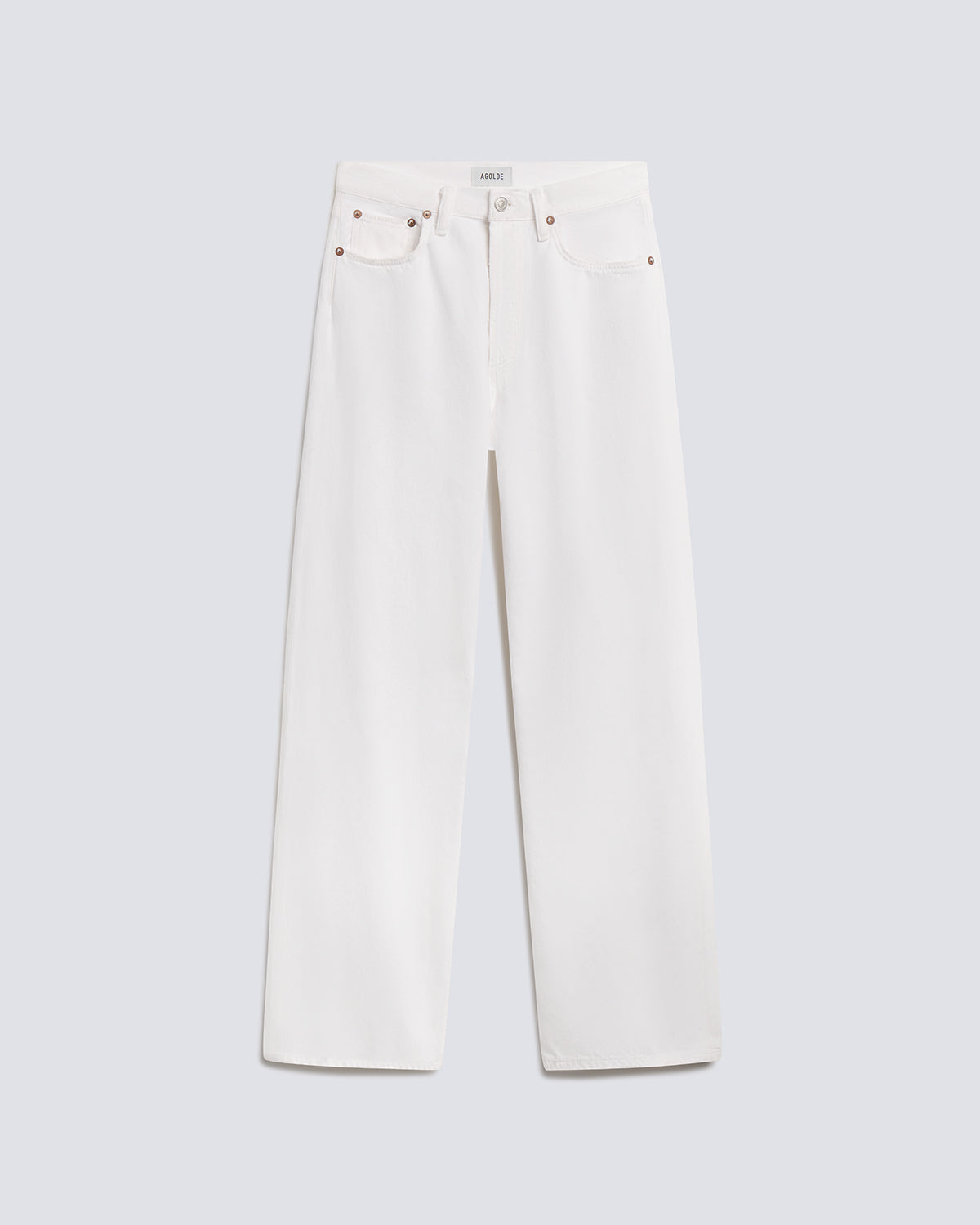 A pair of off-white wide-leg jeans with brown rivets and a silver button, displayed flat against a light gray background.