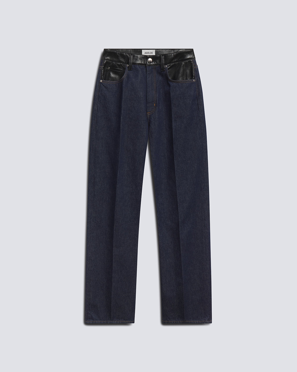Dark blue denim jeans with black leather patch pockets and a matching black leather belt, shown flat on a light gray background.