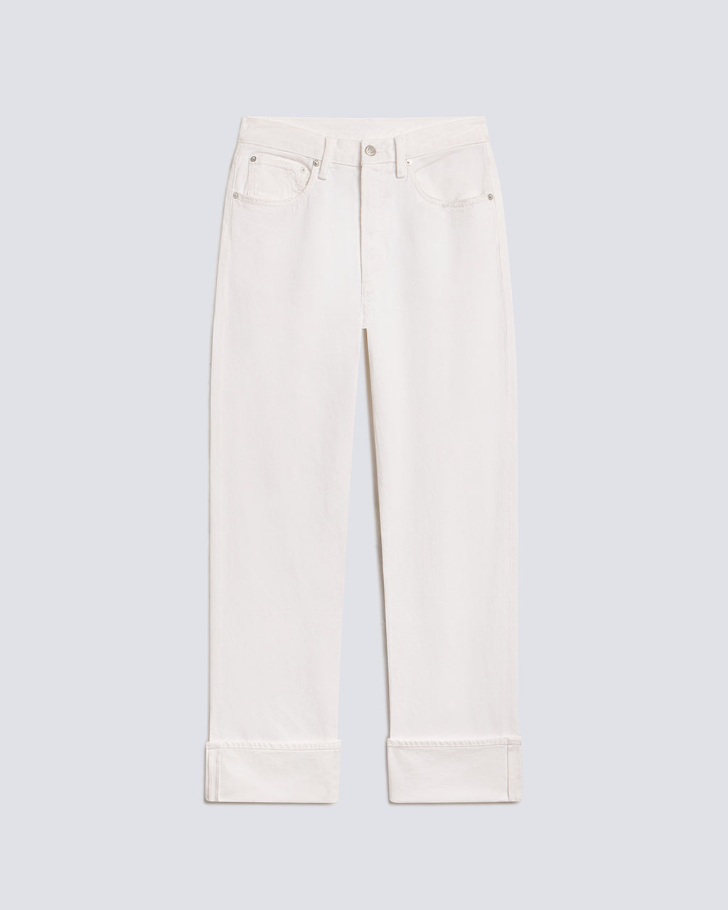 A pair of off-white cropped jeans with rolled cuffs, displayed flat against a light gray background.