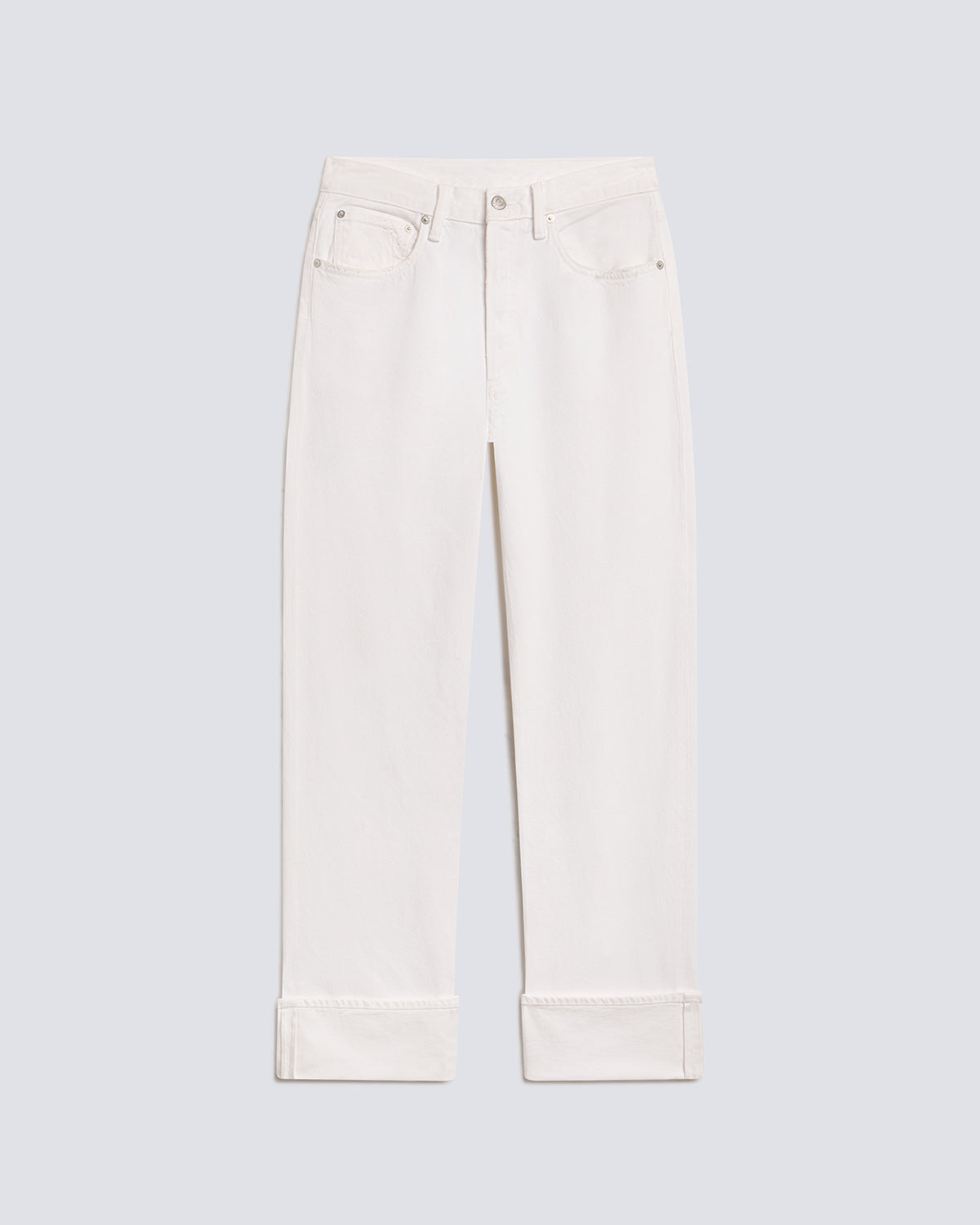 A pair of off-white cropped jeans with rolled cuffs, displayed flat against a light gray background.