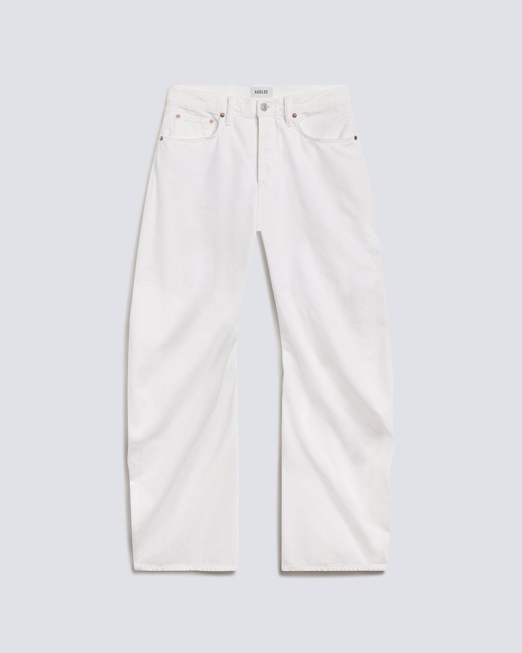 A pair of off-white denim jeans laid flat against a light gray background.