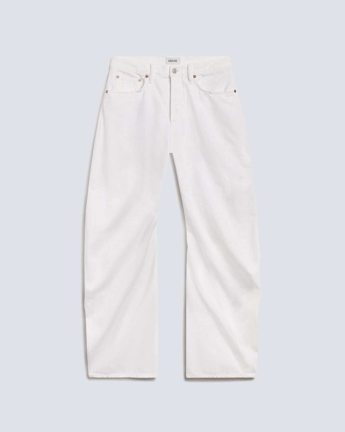 A pair of off-white denim jeans laid flat against a light gray background.