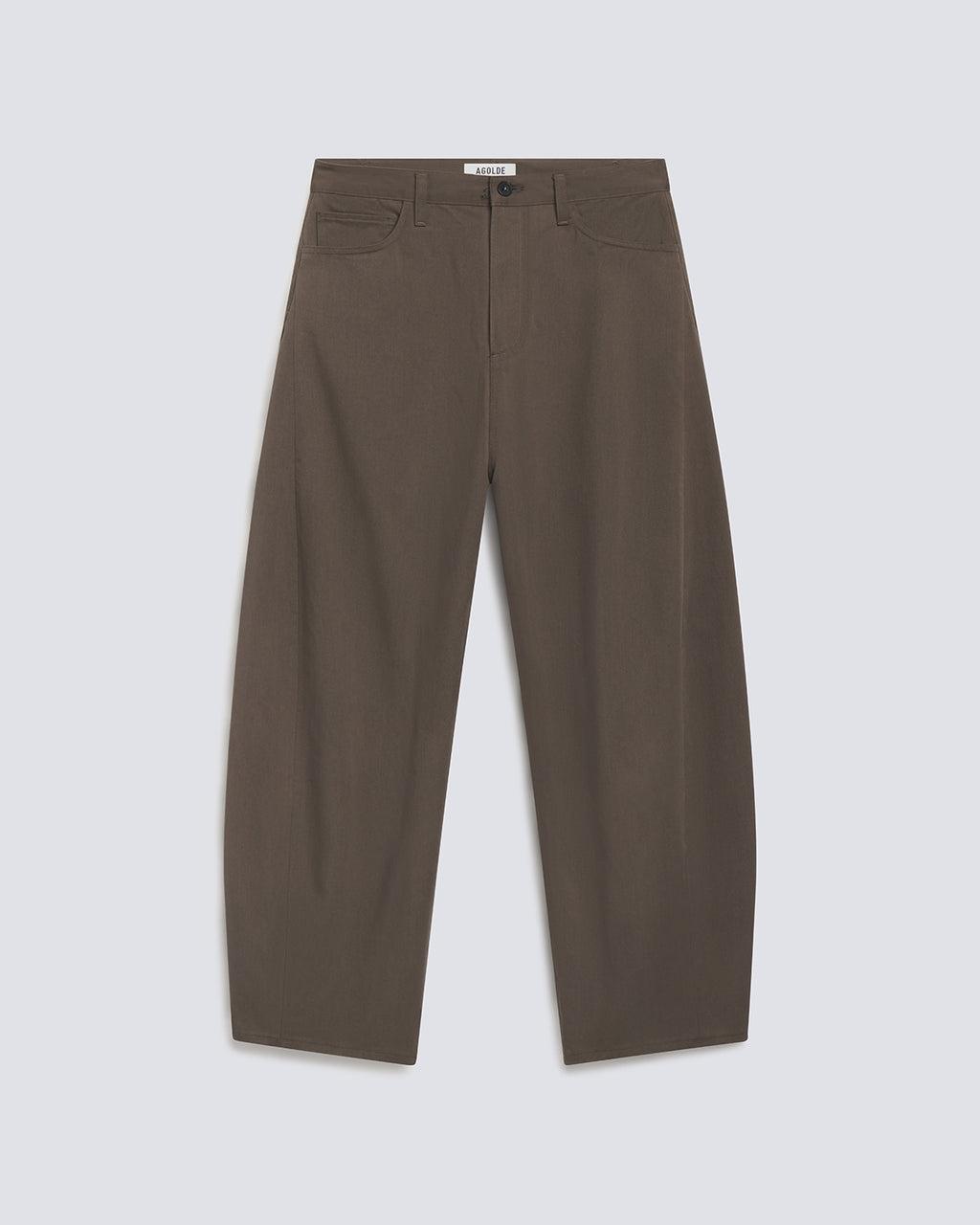 A pair of wide-leg, straight-cut trousers in a muted brownish-gray color, displayed flat against a light gray background.