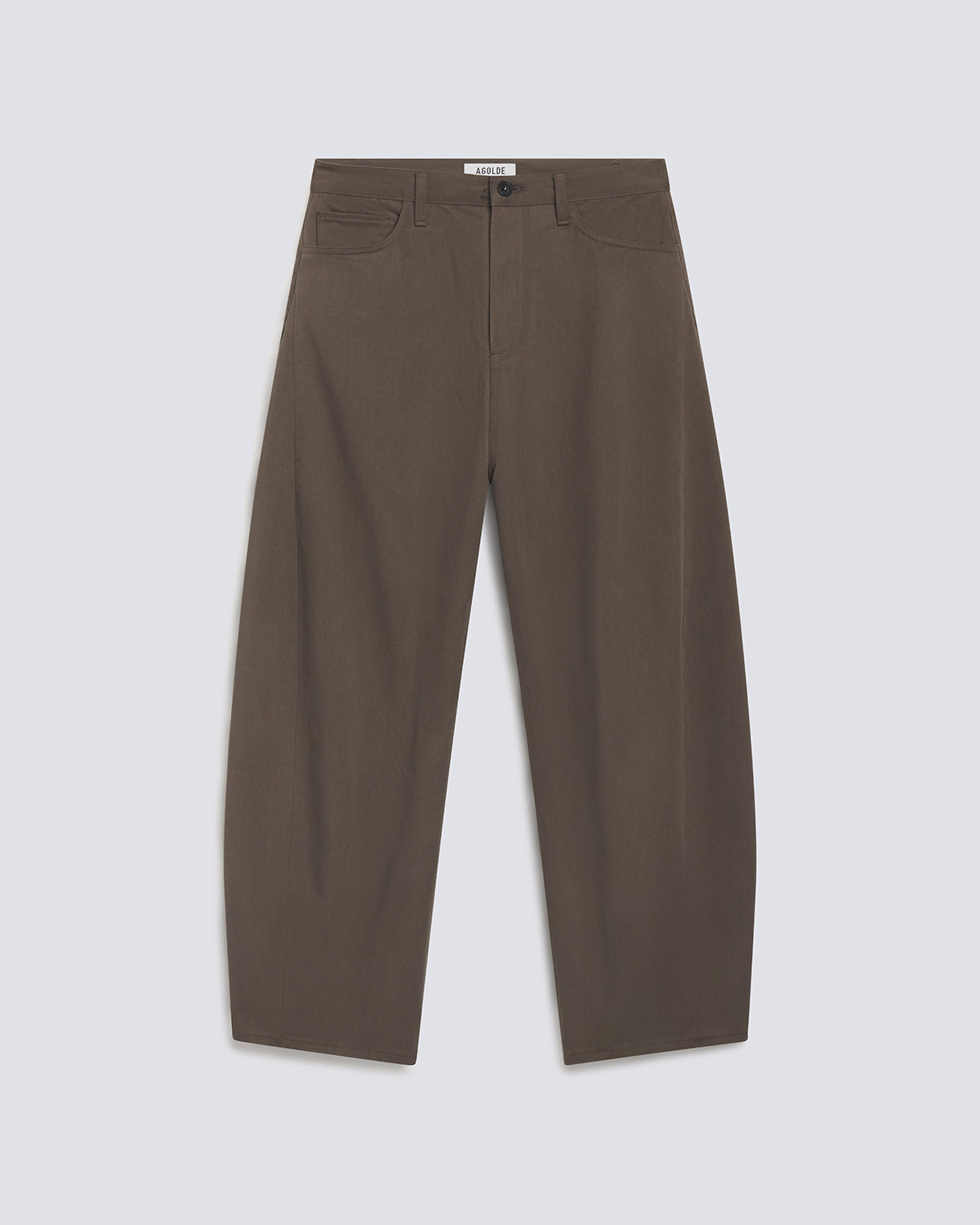 A pair of wide-leg, straight-cut trousers in a muted brownish-gray color, displayed flat against a light gray background.