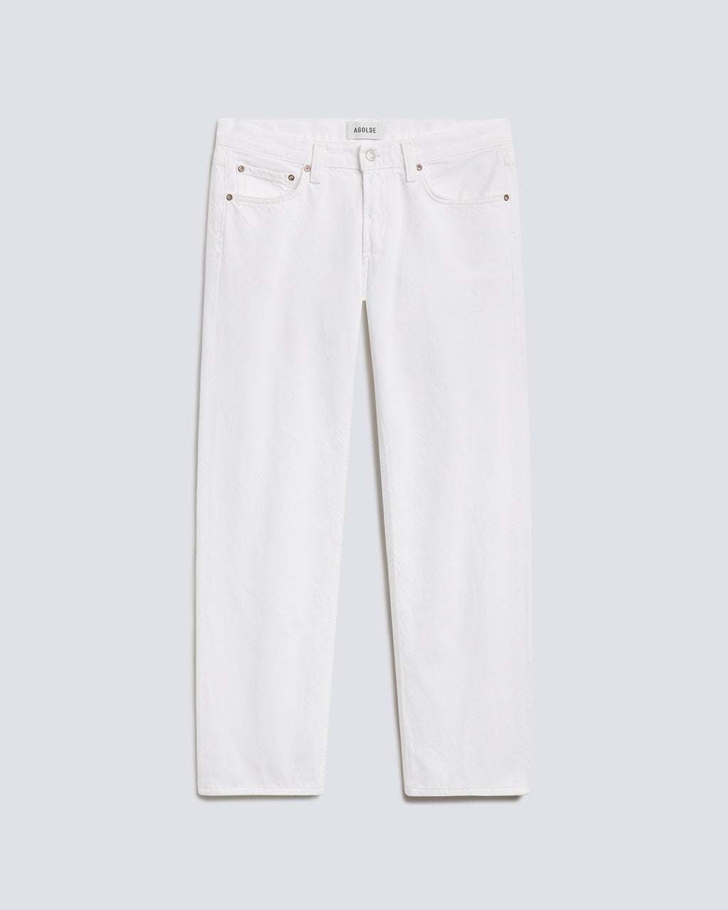 White slim-fit jeans shown flat against a light gray background.