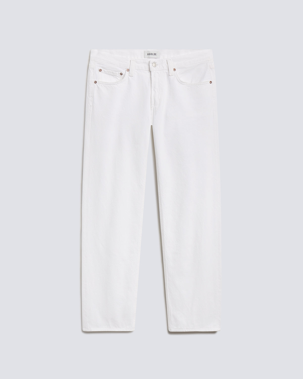 White slim-fit jeans shown flat against a light gray background.