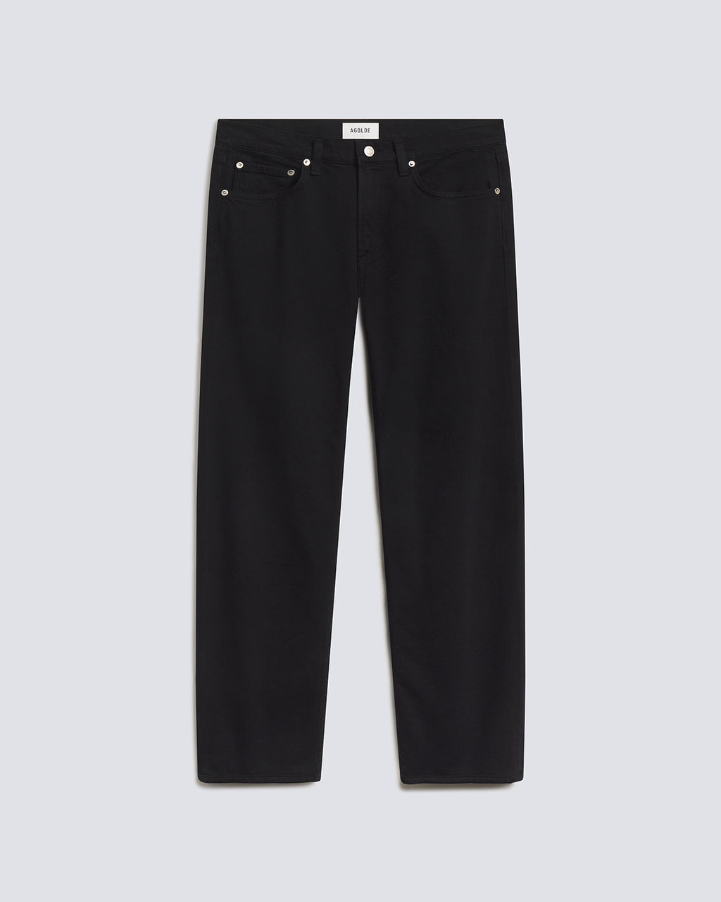 Black denim jeans with silver rivets and a white brand label at the waistband, displayed flat against a light gray background.