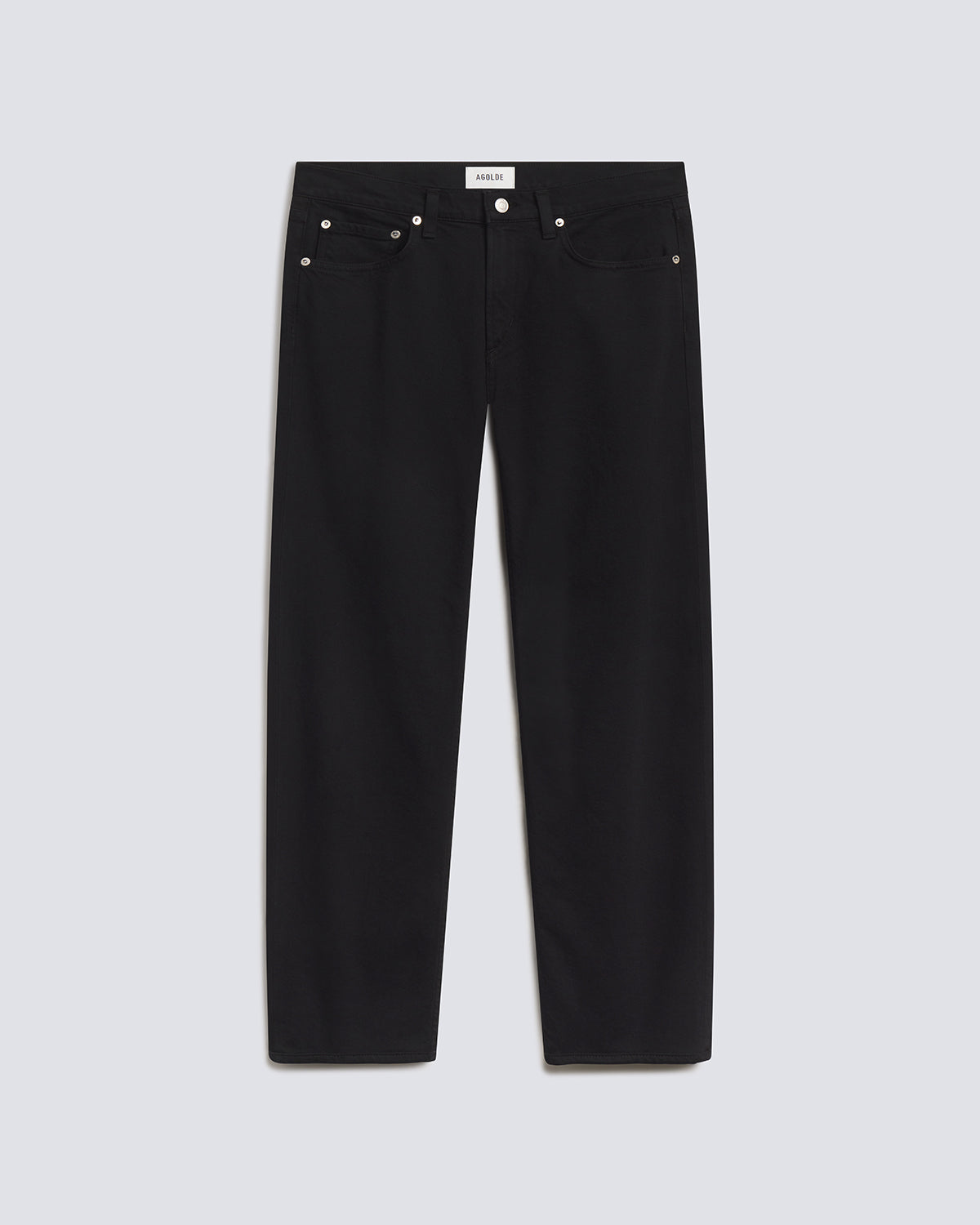Black denim jeans with silver rivets and a white brand label at the waistband, displayed flat against a light gray background.