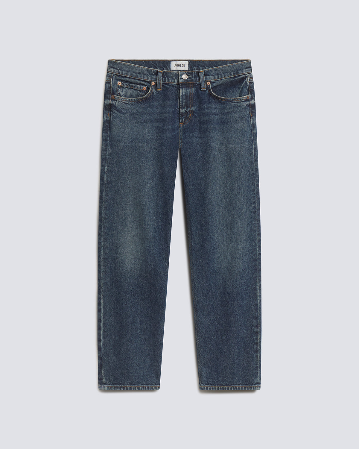 A pair of dark blue denim jeans with a straight-leg fit, shown flat against a light gray background.