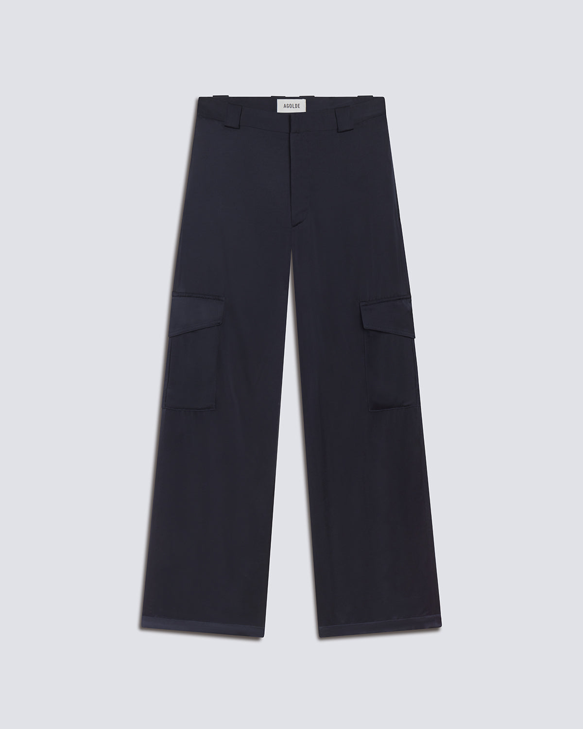 A pair of dark navy wide-leg cargo pants with side flap pockets, displayed flat against a light gray background.