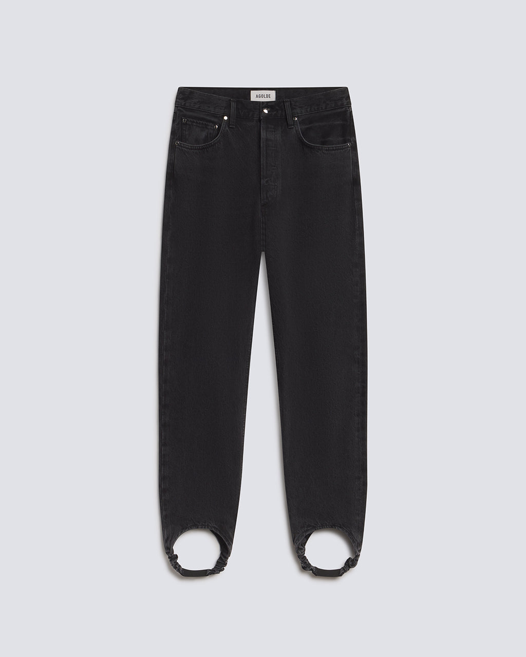 Black denim jeans with circular cutouts at the ankles, displayed flat against a light gray background.