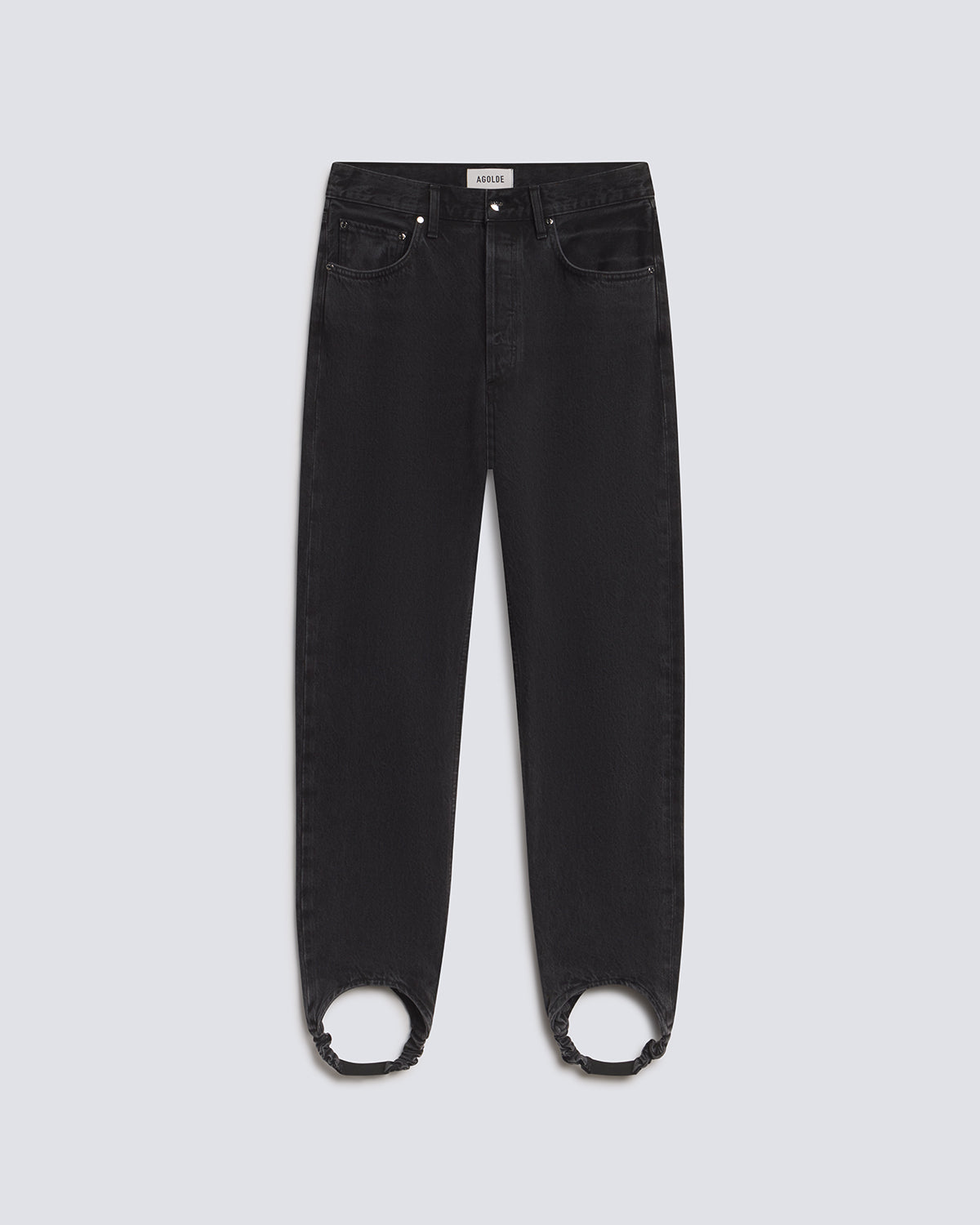 Black denim jeans with circular cutouts at the ankles, displayed flat against a light gray background.