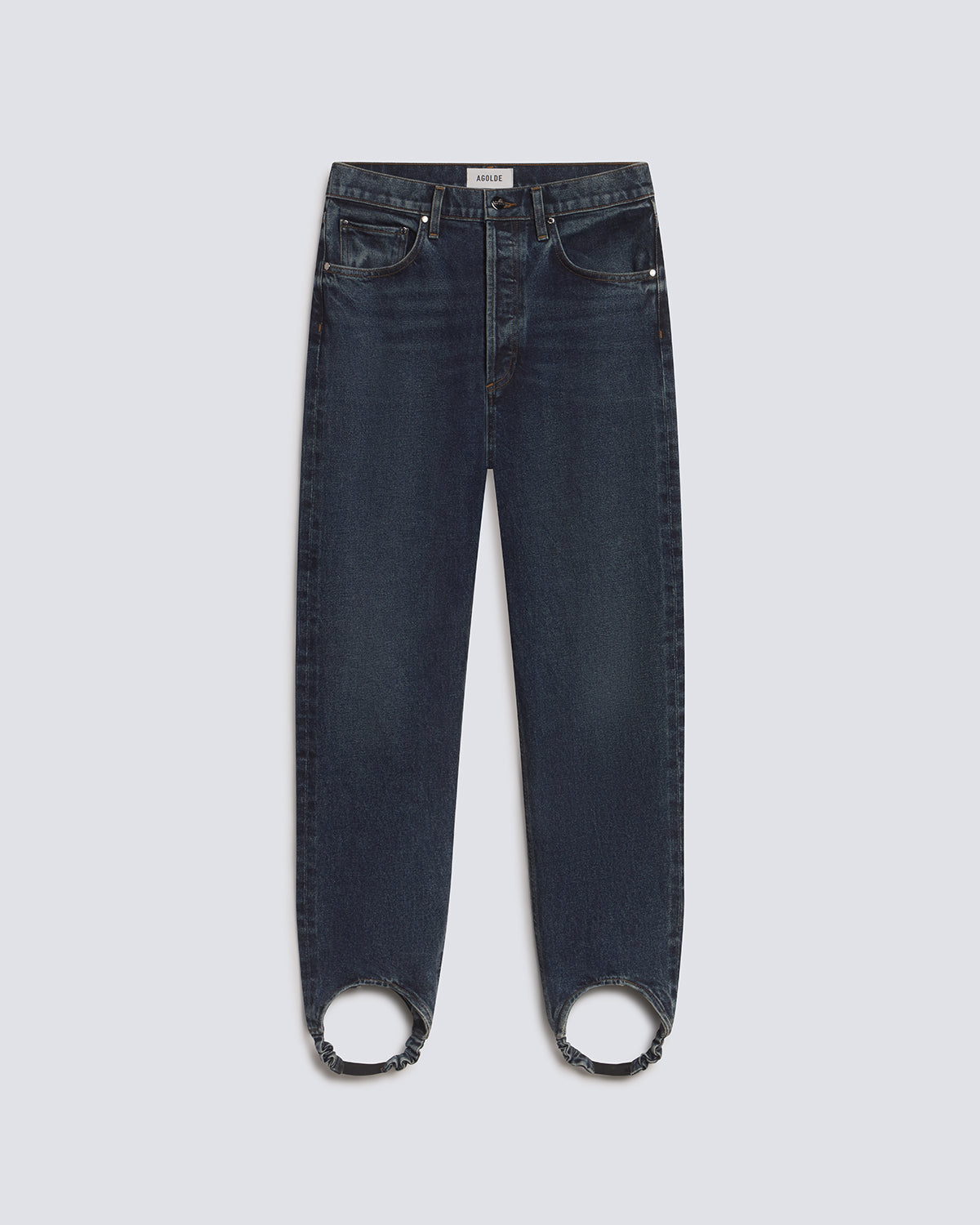 Dark blue denim jeans with circular cutouts at the ankles, displayed flat against a light gray background.
