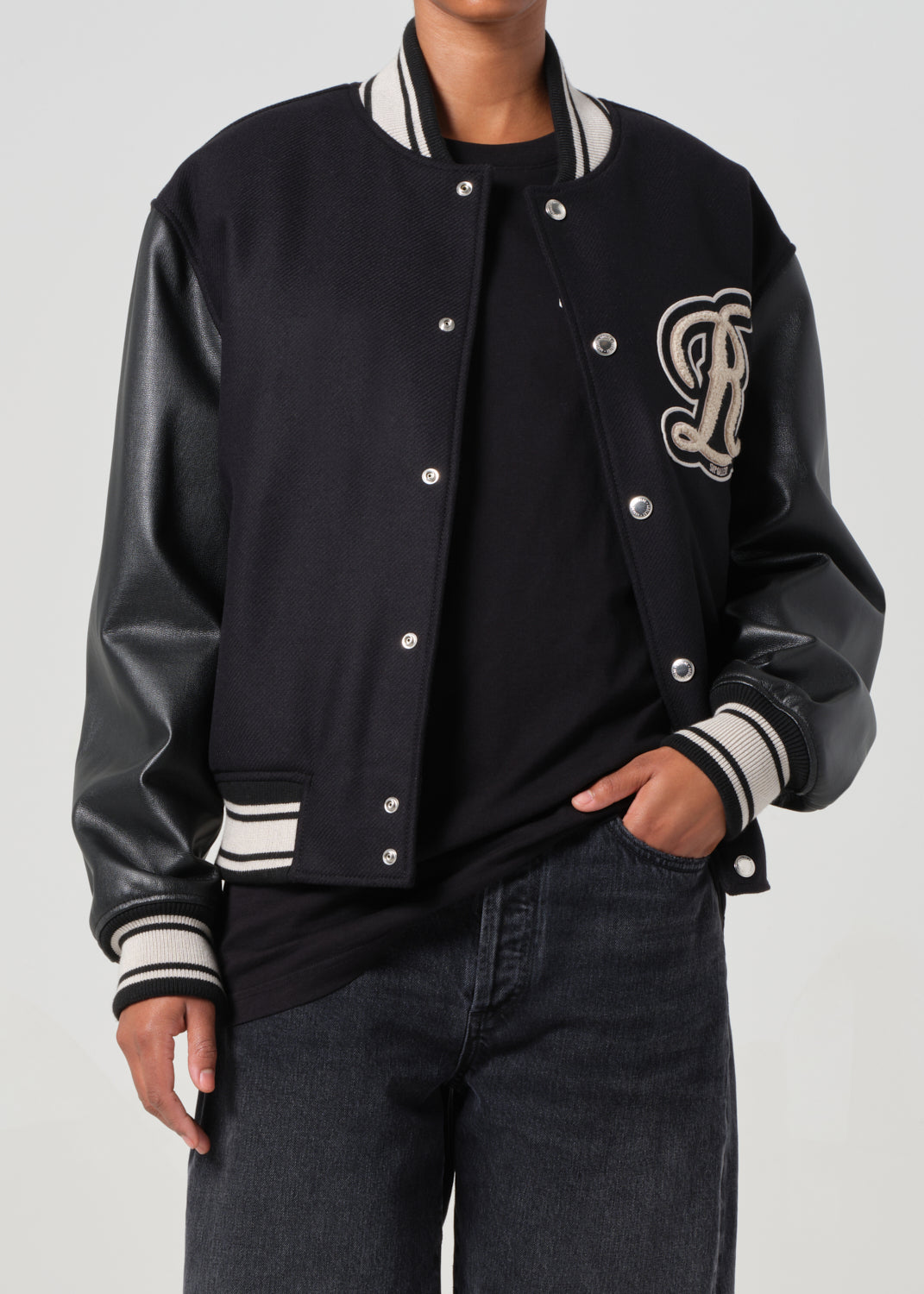 AGOLDE / RSVP Varsity Black Wool Leather Combo in Black