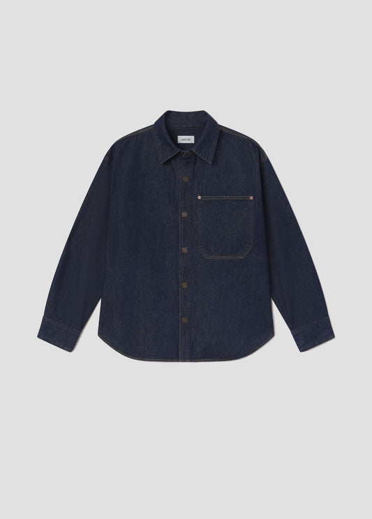 Navy blue shirt with a collar on a light gray background