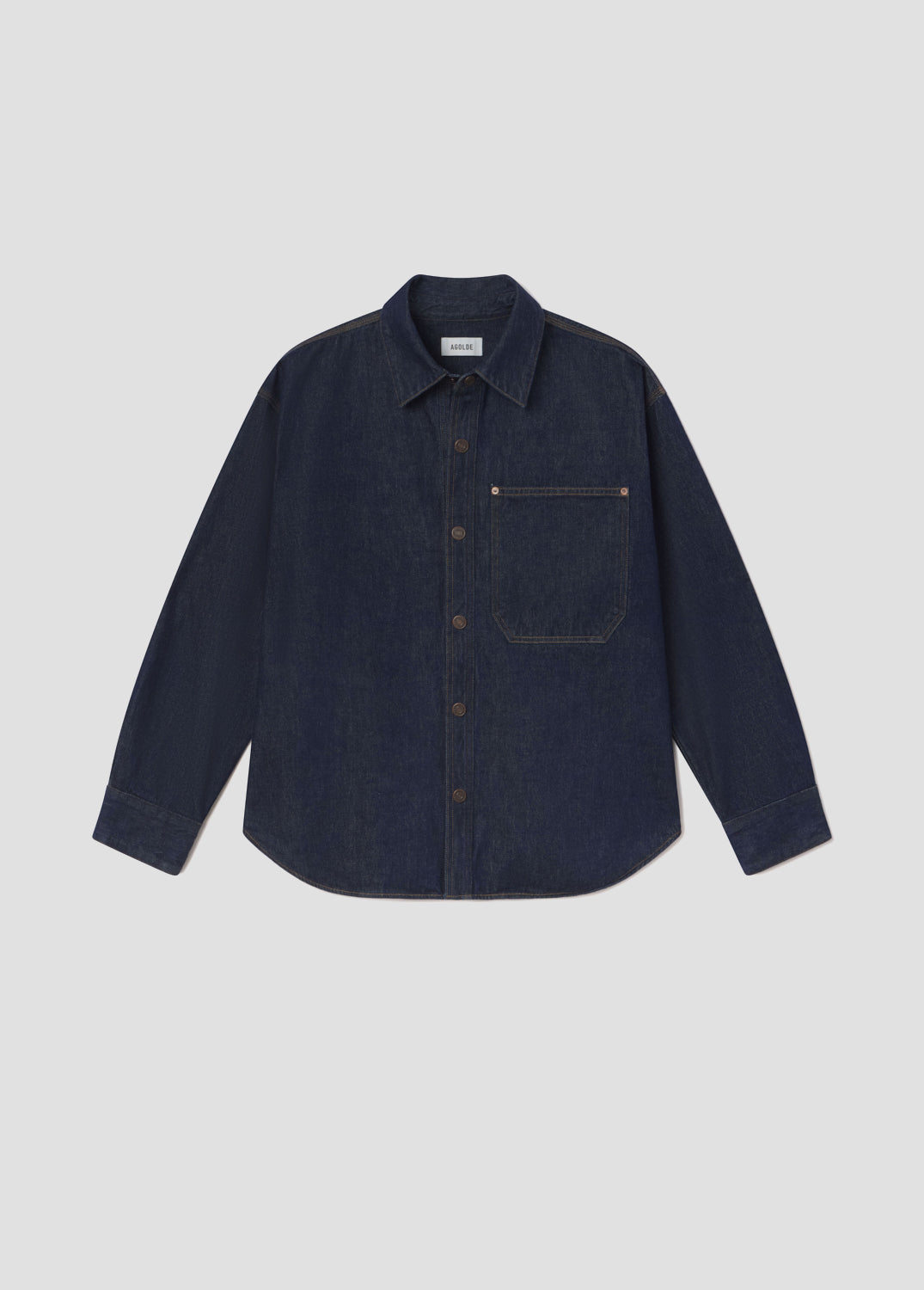 Navy blue shirt with a collar on a light gray background