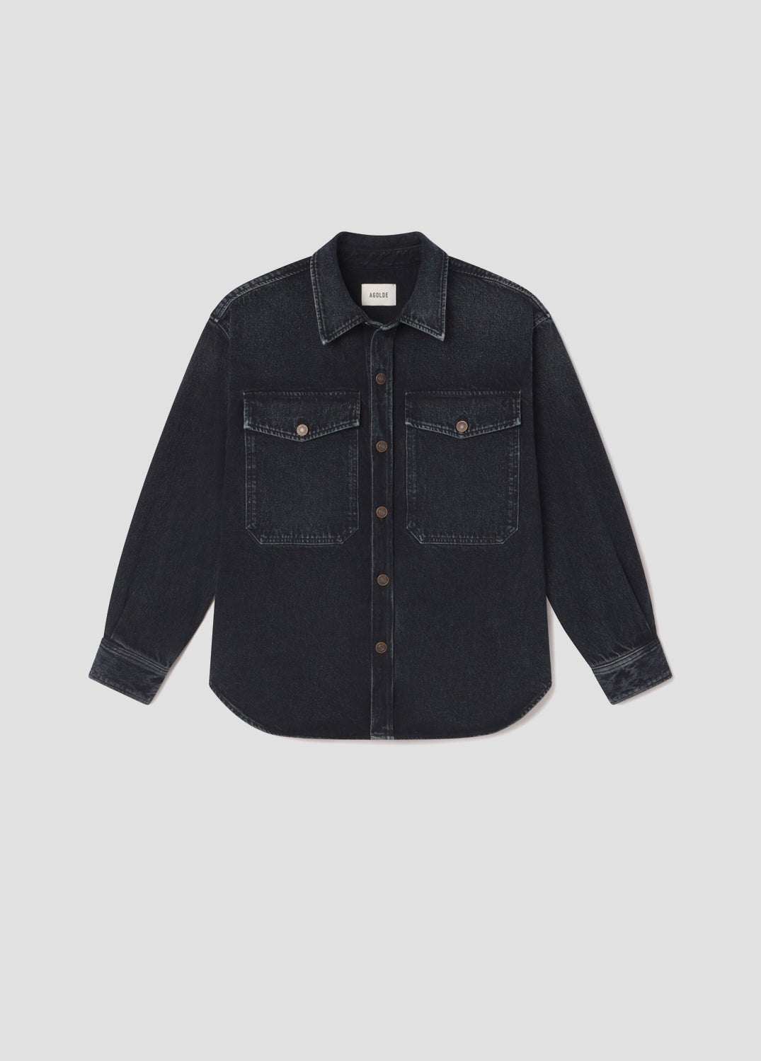 Black denim shirt on a light gray background