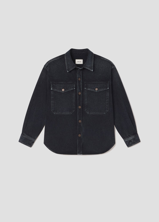 Black denim shirt on a light gray background
