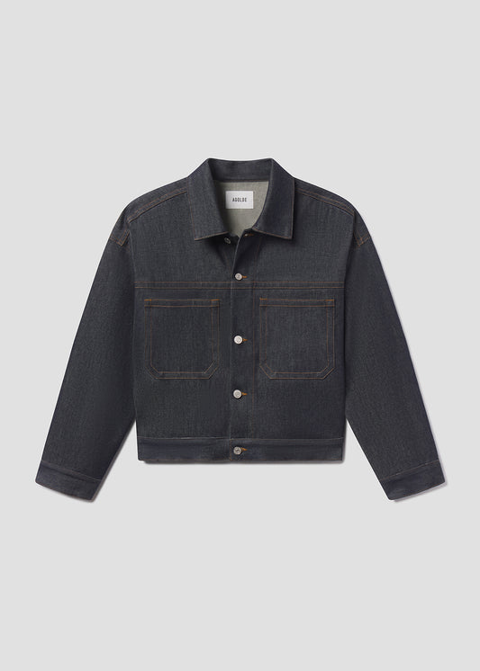 Dark denim jacket on a light gray background