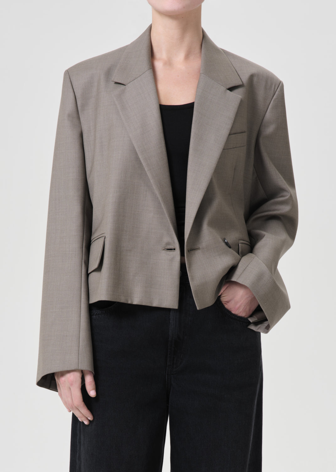 Callie Cropped Blazer in Khaki Wool front