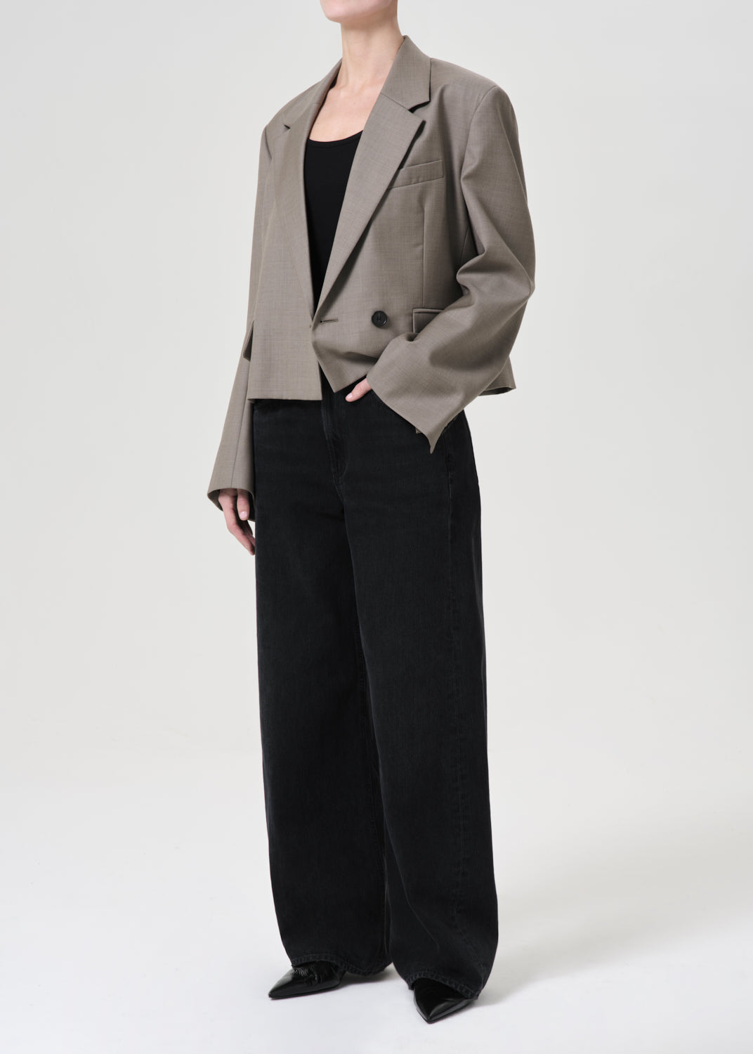 Callie Cropped Blazer in Khaki Wool front